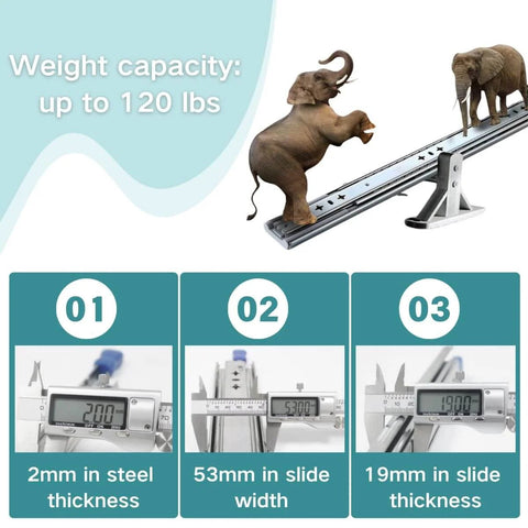 Elephants on heavy duty drawer slides demonstrating 120 lb capacity with measurements for steel thickness, slide width, and slide thickness.