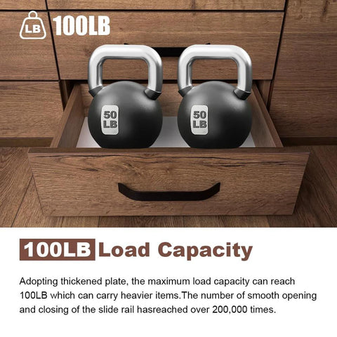 Drawer with 100LB kettlebells demonstrating Two Pack Center Track Drawer Slides For Rite Trak II Rails Kit, 16 Inch Metal Drawer Slides With Stop And Roller