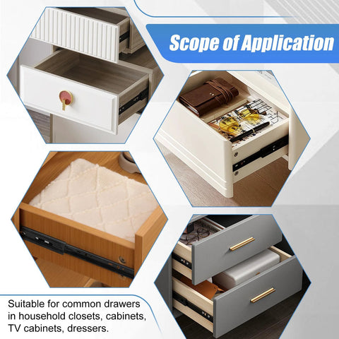 12 Inch Full Extension Drawer Slides Set, 4 Pairs (8 Pieces) Ball Bearing Side Mount Rails installed in various drawer types