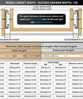 Dimensions chart for Soft Close Drawer Slides Full Extension Side Mount 12 14 16 18 20 22 24 inch with installation details.