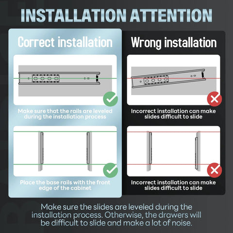 Installation guide showing correct and incorrect methods for Heavy Duty Drawer Slides 12 To 40 Inch Full Extension Ball Bearing Rails.