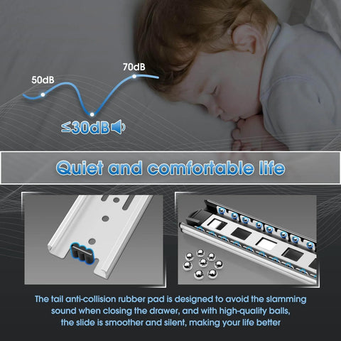 Child sleeping quietly next to graphic showing 1 Pair Full Extension Drawer Slides 8 10 12 14 16 18 20 22 24 Inch