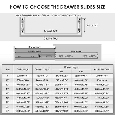 Size chart guide for 1 Pair Full Extension Drawer Slides 8 10 12 14 16 18 20 22 24 Inch 100 lb Load Capacity Side Mount Ball Bearing Rails
