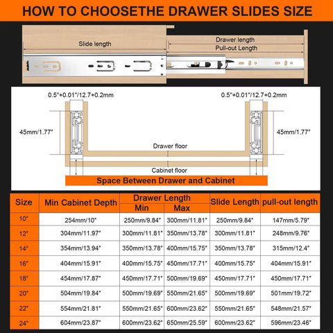 Diagram showing how to choose drawer slides size for 18 Inch Full Extension Drawer Slides 4 Pairs 8 Pieces Side Mount Cabinet Glides.
