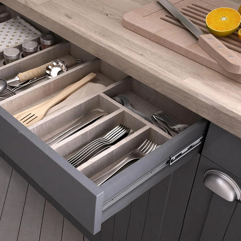 Open kitchen drawer with Soft Close Drawer Slides Set With Heavy Duty Ball Bearing Full Extension Side Mount Rails.