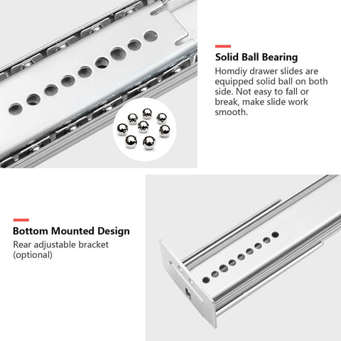 Close-up of Five Pack 16 Inch Heavy Duty Center Mounted Bottom Drawer Slides With Quiet Ball Bearings Three Quarter Extension Zinc