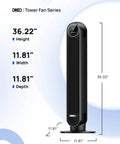 Ultra Quiet Bladeless Tower Fan With Upgraded DC Motor And TurboWind Technology Delivers 28 Feet Per Second Airflow, 20dB Silent Operation, 8 Speeds And 4 Modes, 90 Degree Oscillation, Remote, Indoor Floor Fan In Black From DREO, dimensions shown.