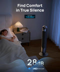 Bedroom scene with Dreo Tower Fan for Bedroom, 90° Oscillating Standing Fans for Room, 28dB Quiet for Sleep, beside sleeping person