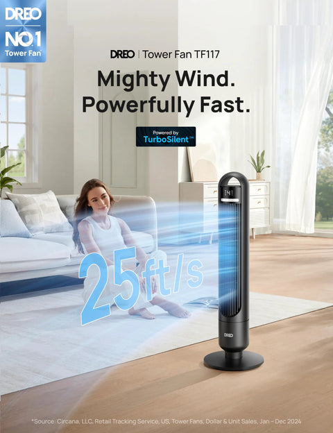 Dreo Tower Fan for Bedroom, 90° Oscillating Standing Fans for Room with 4 Speeds in living room setting