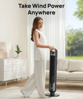 Woman using Dreo Tower Fan for Bedroom, 90° Oscillating Standing Fans for Room with 4 Speeds, 3 Modes, 28dB Quiet, Black in a living room