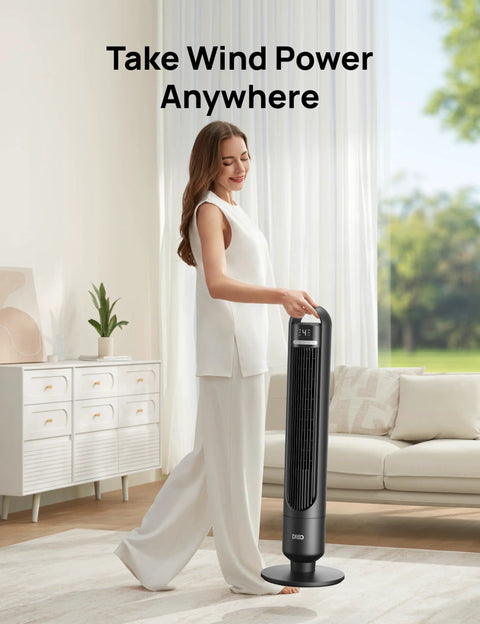 Woman using Dreo Tower Fan for Bedroom, 90° Oscillating Standing Fans for Room with 4 Speeds, 3 Modes, 28dB Quiet, Black in a living room