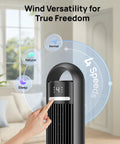 Person using Dreo Tower Fan for Bedroom, 90° Oscillating Standing Fans for Room with 4 Speeds, 3 Modes, Black in living room