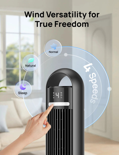Person using Dreo Tower Fan for Bedroom, 90° Oscillating Standing Fans for Room with 4 Speeds, 3 Modes, Black in living room
