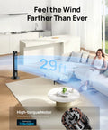 Dreo Tower Fan for Bedroom, 90° Oscillating Standing Fans for Room with 4 Speeds in living room, woman relaxing on sofa.