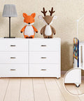 White dresser with 48 Pcs 1 Inch Small Caster Wheels Mini Rigid Fixed Non Swivel Casters with Metal Top Plate. Plush toys and crib nearby.