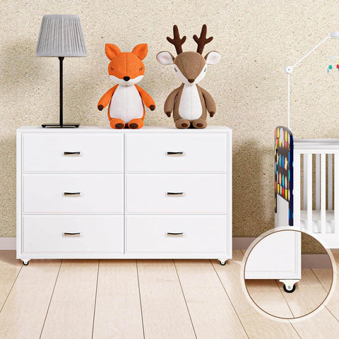 White dresser with 48 Pcs 1 Inch Small Caster Wheels Mini Rigid Fixed Non Swivel Casters with Metal Top Plate. Plush toys and crib nearby.