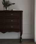 Dark wood dresser with 2 Inch Wood Furniture Caster Wheel With One Quarter Inch Stem For Tables Sofas Chests Dressers Cabinets Carts And Chairs Brass Plated Steel Frame Hardwood Wheel installed.