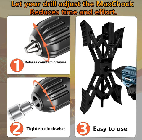 X Shaped Wheel Stabilizer Chocks For Campers And Travel Trailers, Adjustable RV Wheel Chocks With Drill Access, 3-step illustration