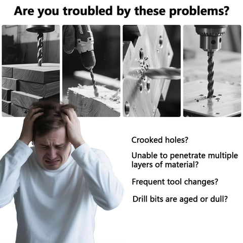 Man distressed over drilling problems; various drill bit issues depicted including crooked holes, and difficulty in multilayer penetration.