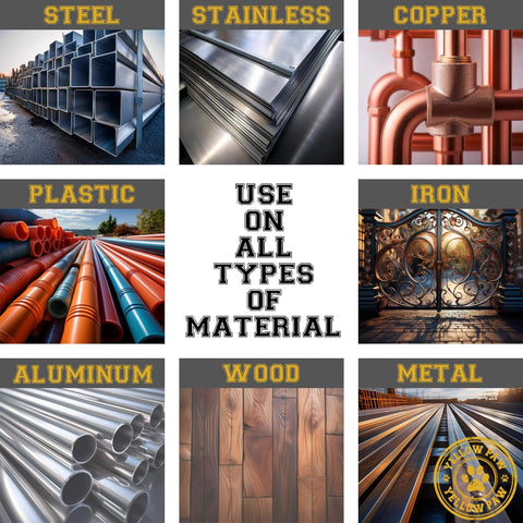 Grid showing different materials like steel, stainless, copper, plastic, iron, aluminum, wood, and metal with text 'Use on All Types of Material'.