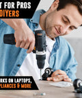 Person using a drill with the Complete 33 Piece Security Bit Set For Pros with tamper-proof Torx bits to assemble furniture.