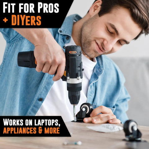 Person using a drill with the Complete 33 Piece Security Bit Set For Pros with tamper-proof Torx bits to assemble furniture.
