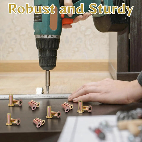 50 Pcs 5/16-18 Rivet Nuts Pro-Grade Multi-Grip Steel Threaded Inserts Zinc Plated being installed in wood panel