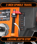 Close-up of 2-inch spindle travel with locking depth stop on Cast Iron Benchtop Drill Press With 2.3 Amp Motor Eight Inch Swing Five Speed Settings.