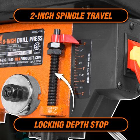 Close-up of 2-inch spindle travel with locking depth stop on Cast Iron Benchtop Drill Press With 2.3 Amp Motor Eight Inch Swing Five Speed Settings.