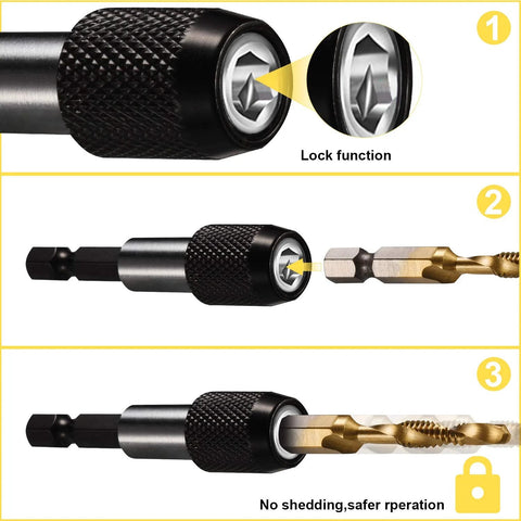 Combination Drill Tap And Tap Bit Set 3 In 1 Titanium Coated High Speed Steel Tapping Bits with Lock Function and Quick Change Adapter.