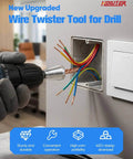 2026 Upgrade Wire Twister Tool For Drill in use on electrical wires, 40Cr steel, 6mm hex shank, fits 9-22 AWG cables, junction box view