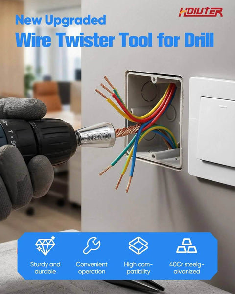 2026 Upgrade Wire Twister Tool For Drill in use on electrical wires, 40Cr steel, 6mm hex shank, fits 9-22 AWG cables, junction box view