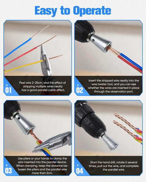 Step-by-step use of 2026 Upgrade Wire Twister Tool For Drill with 6mm Hex Shank, demonstrating wire twisting on a power drill