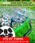 All In One Drip Irrigation Fittings Kit For Push To Connect Systems With Faucet Adapters Three Way Tee Barbed Splitter And End Plugs For Three Quarter Inch To Half Inch Tubing Easy Install No Fuss Gardens shown watering a lawn.
