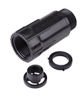 Pressure Regulator For Drip Irrigation Systems 15 To 20 PSI Three Quarter Inch Female Pipe Thread Inlets, black, shown disassembled.