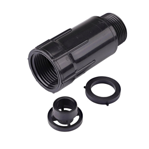 Pressure Regulator For Drip Irrigation Systems 15 To 20 PSI Three Quarter Inch Female Pipe Thread Inlets, black, shown disassembled.