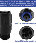 Drip Irrigation Pressure Regulator Keeps 25 PSI On Point For Consistent Watering, showing 3/4 inch FHT and MHT hose thread details.