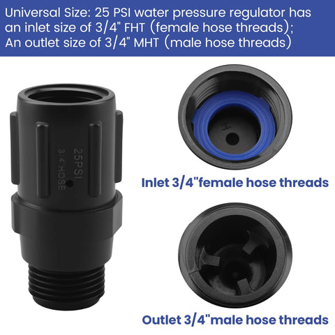 Drip Irrigation Pressure Regulator Keeps 25 PSI On Point For Consistent Watering, showing 3/4 inch FHT and MHT hose thread details.