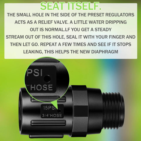 Close-up of Three Pack Drip Irrigation Pressure Regulator 15 PSI with relief valve, 3/4 inch FHT to 3/4 inch MHT, showing water flow feature.