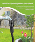 Drip Irrigation Pressure Regulator 25 PSI Three Quarter Inch Hose Thread connected to outdoor faucet in garden