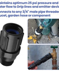 Drip Irrigation Pressure Regulator Keeps 25 PSI On Point For Consistent Watering, Three Quarters Inch Hose Thread Inlet To Three Quarters Inch Hose Thread Outlet