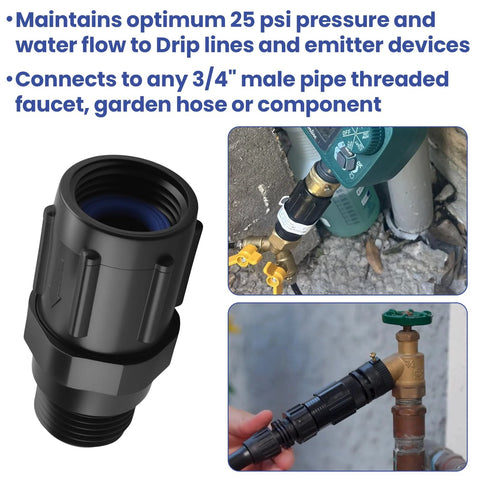 Drip Irrigation Pressure Regulator Keeps 25 PSI On Point For Consistent Watering, Three Quarters Inch Hose Thread Inlet To Three Quarters Inch Hose Thread Outlet