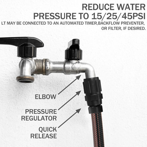 Three Pack Drip Irrigation Pressure Regulator 15 PSI, Three Quarter Inch FHT To Three Quarter Inch MHT installed on a faucet