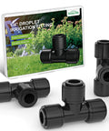 16 Pack One Quarter Inch Quick Connect Drip Irrigation Tee Fittings For One Quarter Inch Tubing No Tools Needed Leak Free Durable And Easy To Install For Gardens Farms And DIY Irrigation Systems displayed in packaging next to four black plastic tee fittings.