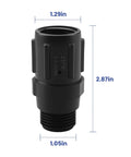 Drip Irrigation Pressure Regulator Keeps 25 PSI On Point For Consistent Watering, Three Quarters Inch Hose Thread Inlet To Three Quarters Inch Hose Thread Outlet, front view with dimensions.