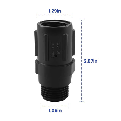 Drip Irrigation Pressure Regulator Keeps 25 PSI On Point For Consistent Watering, Three Quarters Inch Hose Thread Inlet To Three Quarters Inch Hose Thread Outlet, front view with dimensions.
