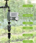Drip Irrigation Pressure Regulator 25 PSI Three Quarter Inch Hose Thread Irrigation Reducer setup with timer and connector in garden.