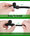 Hands installing 30 Pack One Quarter Inch Drip Irrigation Tee Fittings With Push To Fit Barbed Connectors For One Quarter Inch Tubing Leak Free T Parts For Easy No Fuss Garden Drip System Setup And Customization.