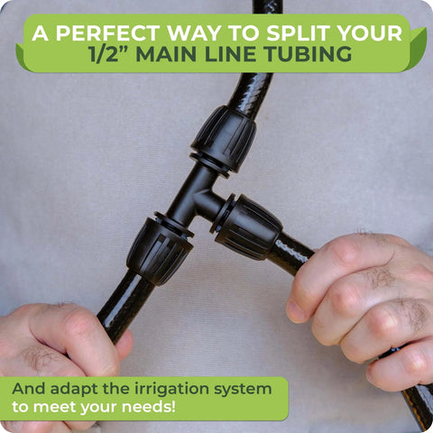 Hands holding a three way tee barbed splitter for 1/2 inch tubing from the All In One Drip Irrigation Fittings Kit For Push To Connect Systems