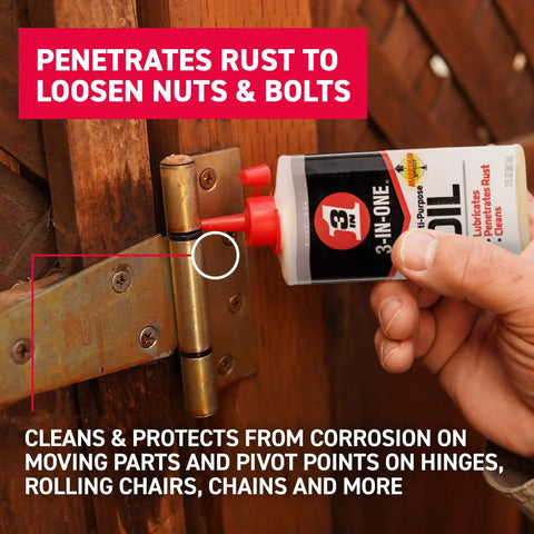 Applying Multi Purpose Oil 3 In One For Lubrication And Cleaning, Rust Protection And Precise Application to a rusty door hinge